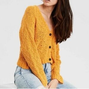 American Eagle Open Knit Golden Yellow V Neck Button Front Cardigan Sweater